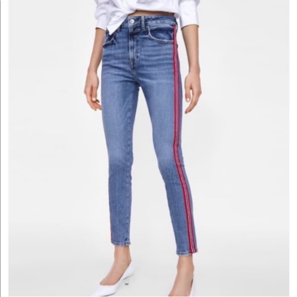 Zara High Rise Skinny Jeans with Red, Blue, Silver Stripe